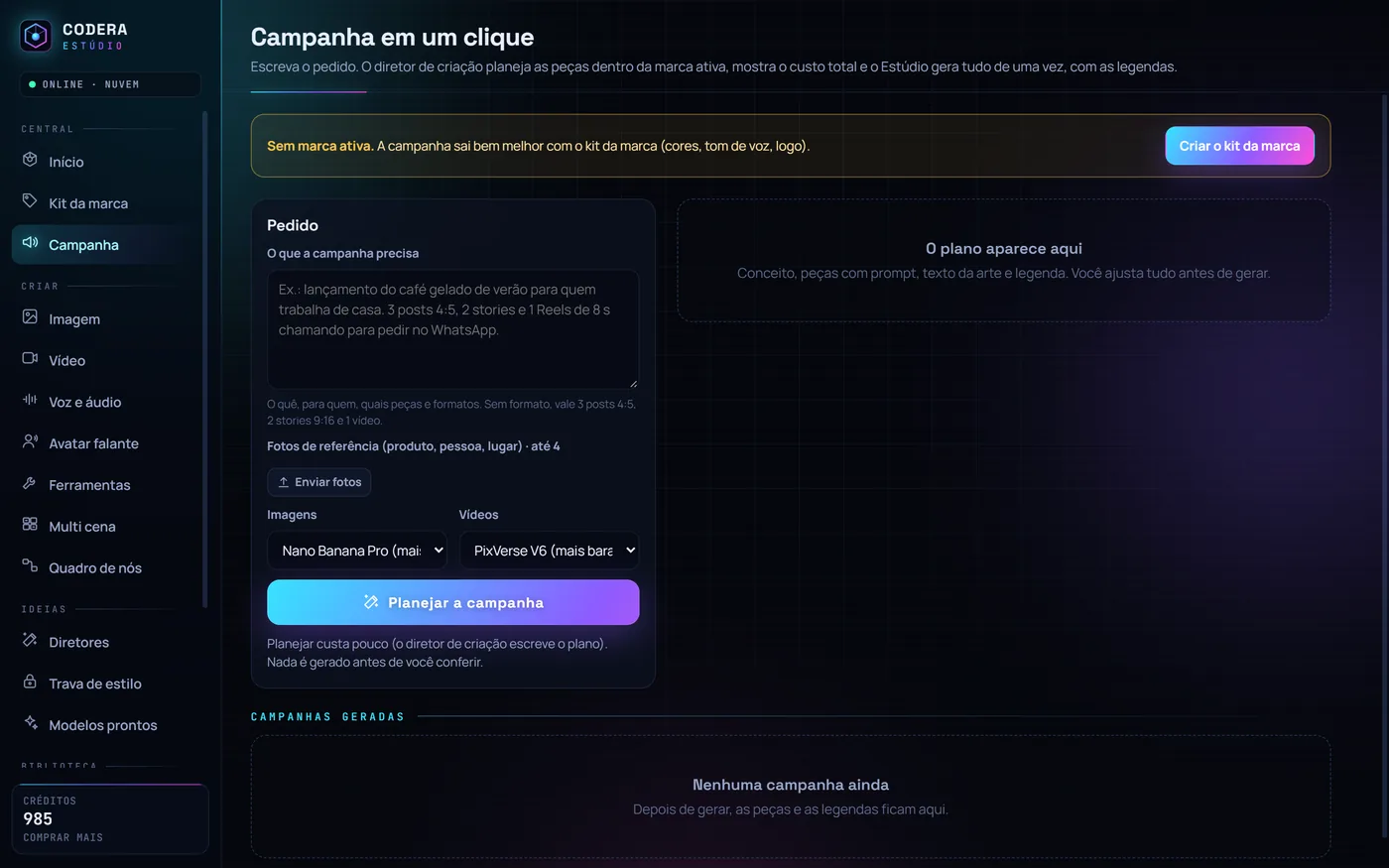 Tela Campanha em um clique do Codera Estúdio: o pedido da campanha, as fotos de referência, a escolha dos modelos de imagem e vídeo e o botão Planejar a campanha