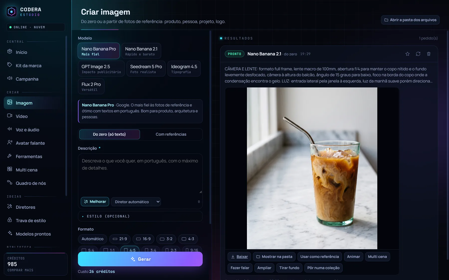 Tela Criar imagem do Codera Estúdio: escolha do modelo, descrição, formato, custo de 26 créditos e o resultado, a foto de um café gelado num balcão de mármore