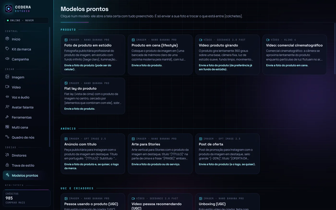 Tela Modelos prontos do Codera Estúdio com modelos de produto, anúncio e UGC
